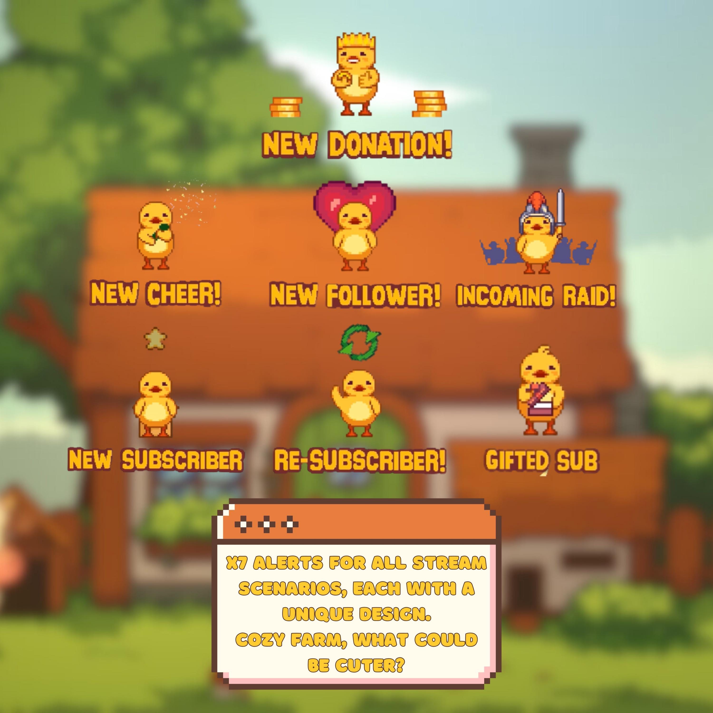 Animated Stream Alerts Pack in Cozy Pixel Farm Theme