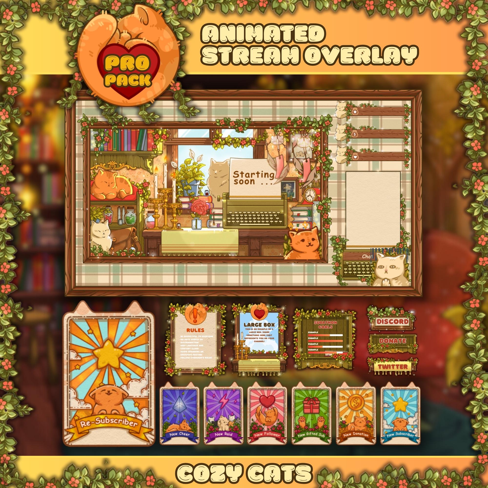 Animated Stream Overlay Pro Package: Cozy Cats