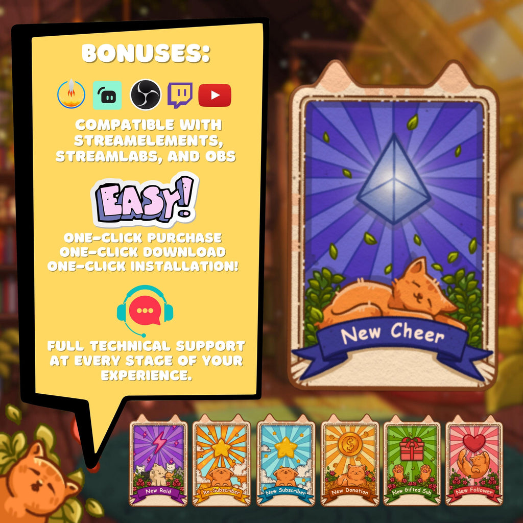 Animated Twitch Alerts Pack - Cozy Cats Tarot Cards